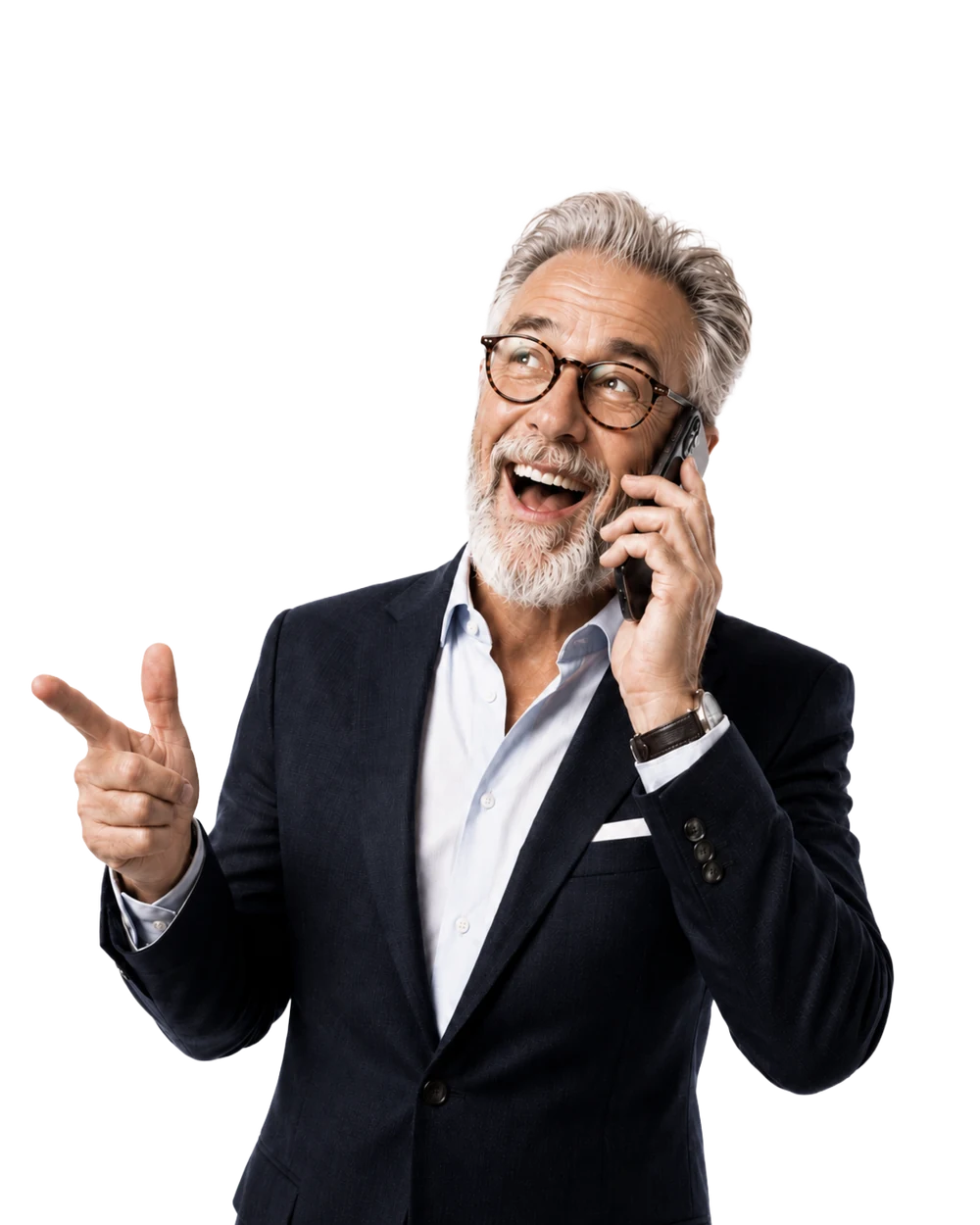 Lachender Hotelier telefoniert